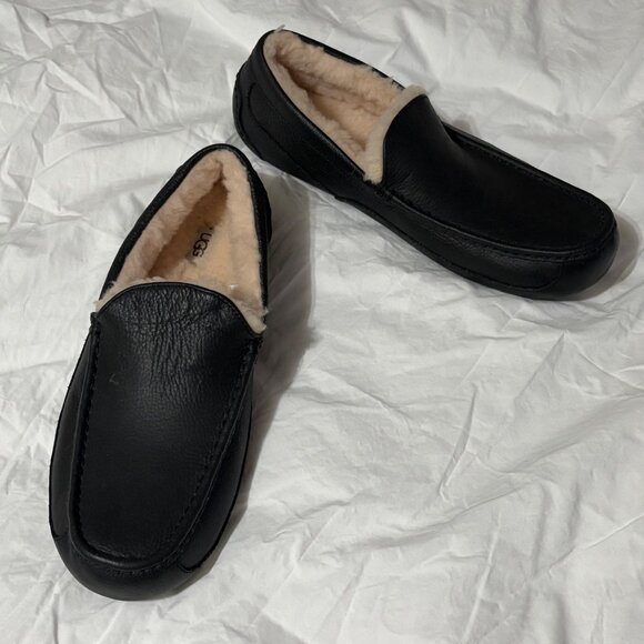 NWOT Mens UGG Ascot Leather Slippers Black Sheepskin Indoor/Outdoor Sole 14 - Picture 11 of 12